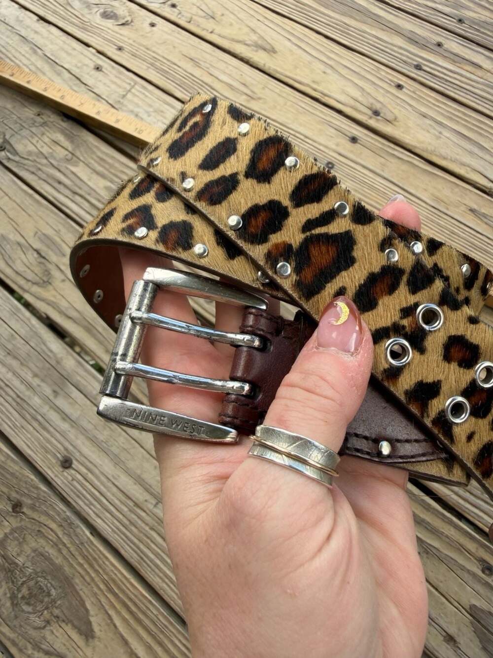 Nine West Leopard Print Hair Calf Studded Belt Size Large